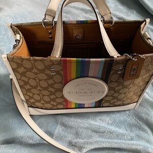 Coach Brown and Cream Tote with Rainbow Accent